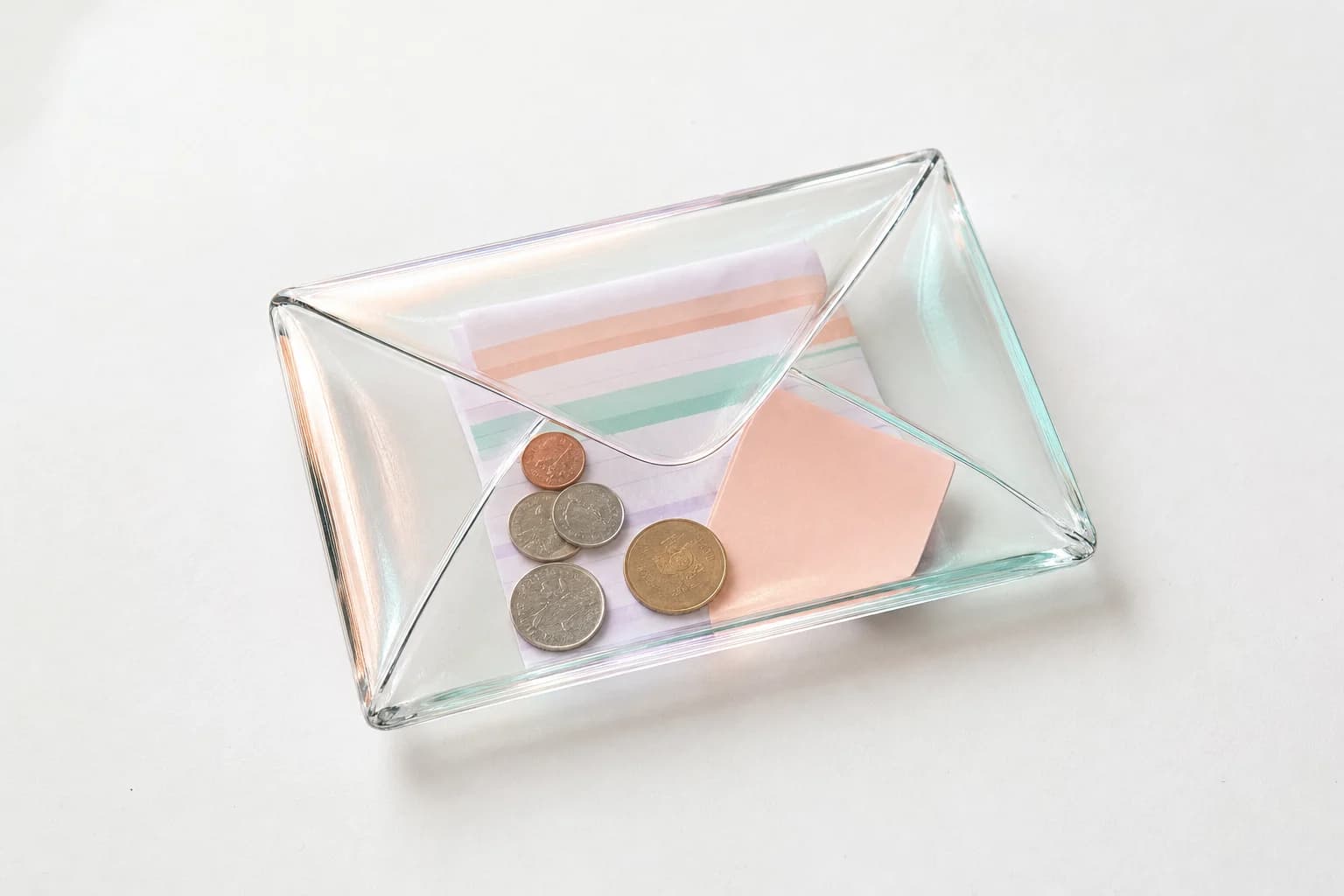 A clear glass envelope with coins and a bank statement visible inside
