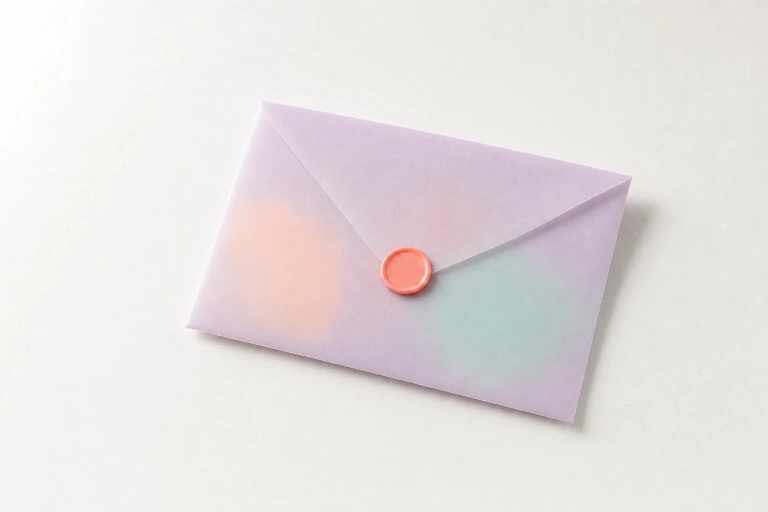 A sealed frosted lilac envelope whose contents show only as soft blurred shapes